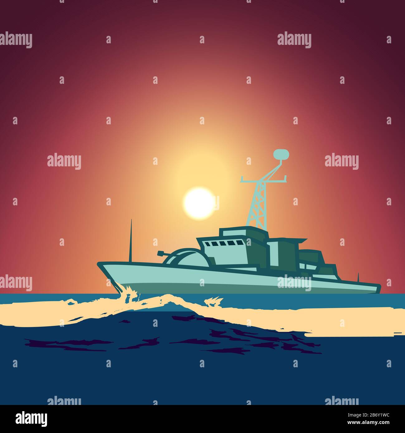 Warship in the middle of the ocean against the backdrop of the full moon and night sky. Editable vector EPS v.10 Stock Vector