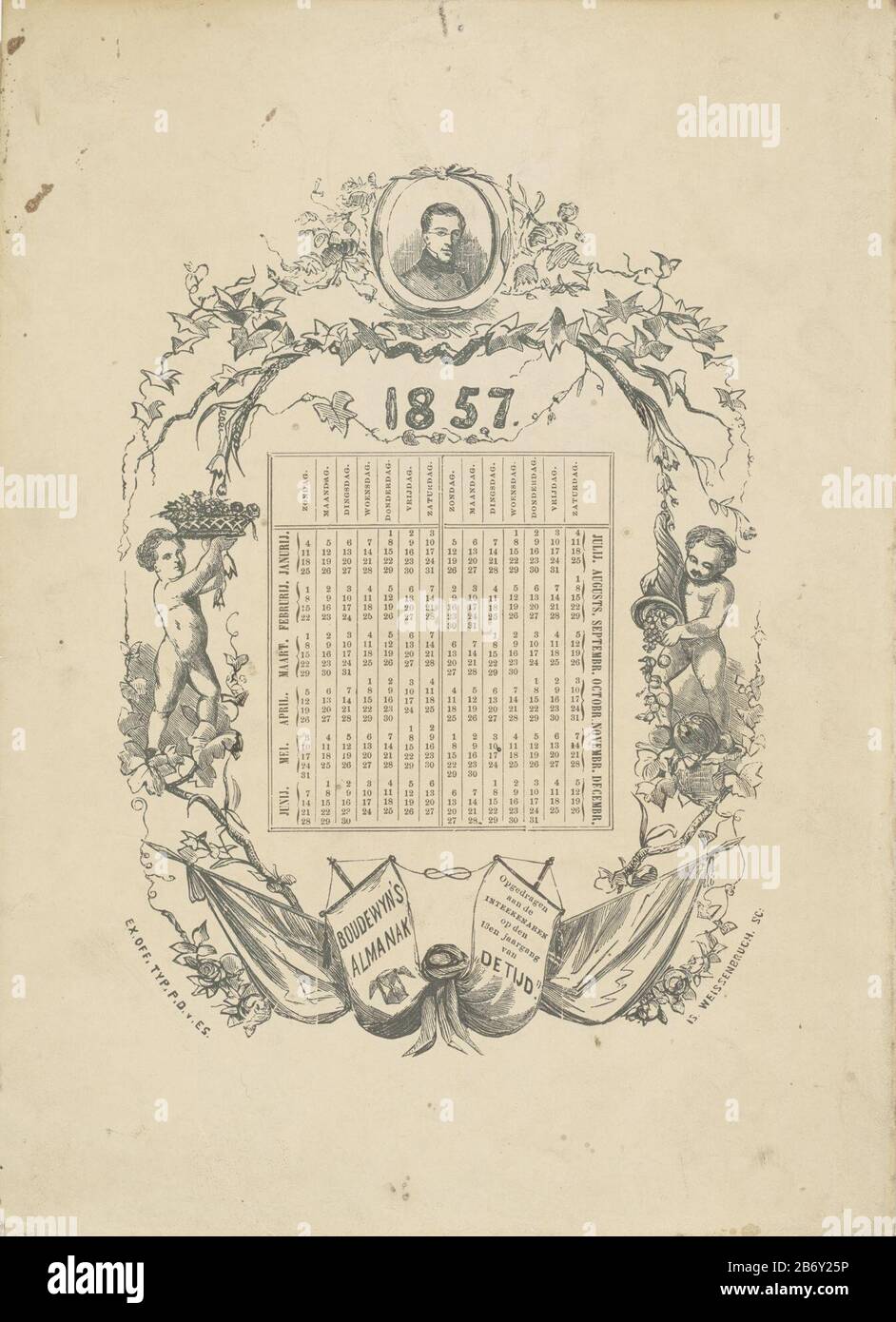 Kalender voor 1857 in een geornamenteerde omlijsting the twelve months of year, the days of the week. Top center a portrait of a man glasses. Thereabout flowers, plants and some