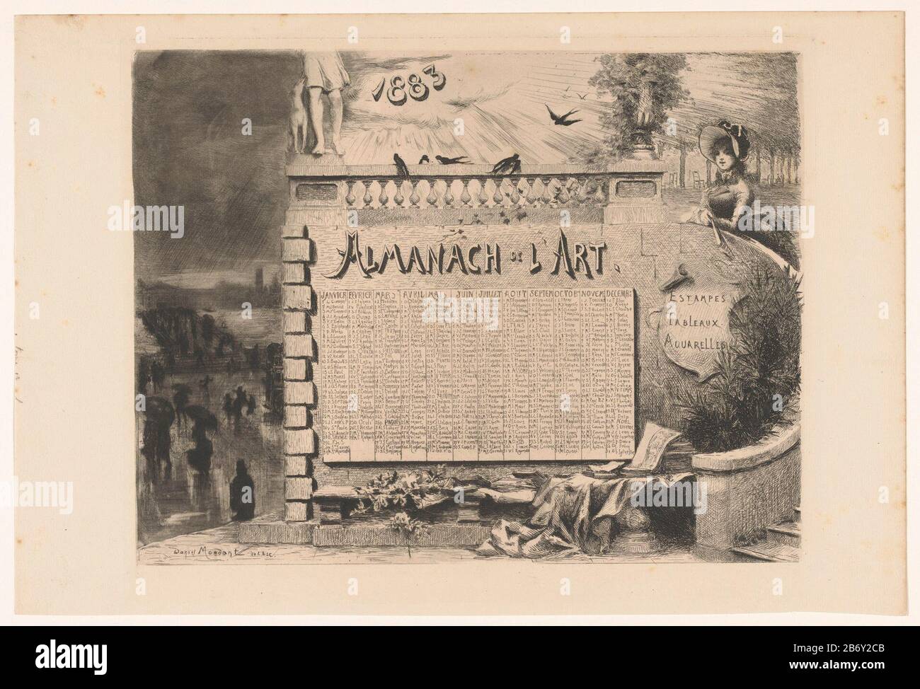 Misverstand ambulance Madeliefje Kalender voor het jaar 1883 Almanach de l'art (titel op object) Calendar on  the side of a terrace, next to a kick in a park. On the balustrade is an  image of