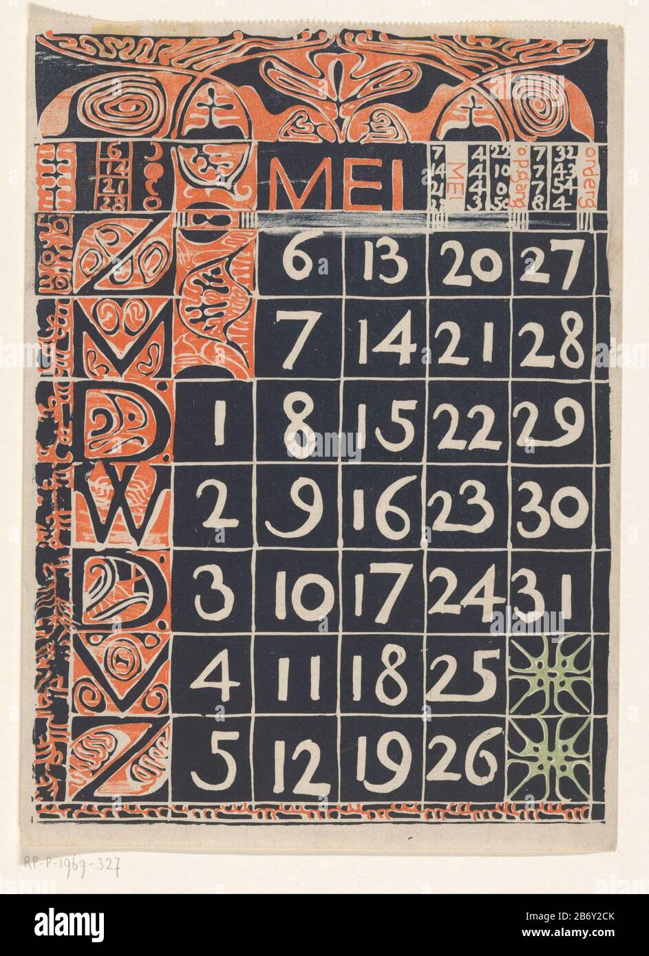 Kalenderblad mei 1900 Calendar Journal May 1900 Object Type : print calendar  sheet Item number: RP-P-1969-327 Inscriptions / Brands: collector's mark,  verso, stamped: Lugt 2228 Manufacturer : printmaker: Carel Adolph Lion  Cachet