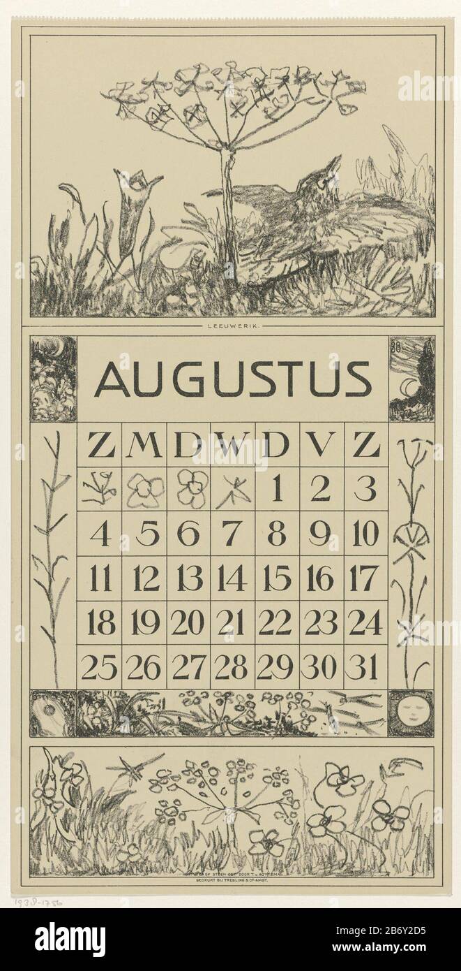 Kalenderblad augustus met leeuwerik en bloem Kalender 1918 12 lithografien door Th v Hoytema (serietitel) The flower is possible hogweed. In the corners, the positions of the moon in four days. Top of the sheet a scheurlijn. Manufacturer : print maker Theo van Hoytema (listed building) printer: Tresling & Comp. (Listed building) publisher: Company Ferwerda and Tieman Place manufacture: printmaker: Voorburg Publisher: Amsterdam Publisher: Amsterdam Date: 1917 Physical features: lithography material: paper Technique: lithography (technique) Dimensions: sheet: H 420 mm × W 210 mm Subject: August Stock Photo