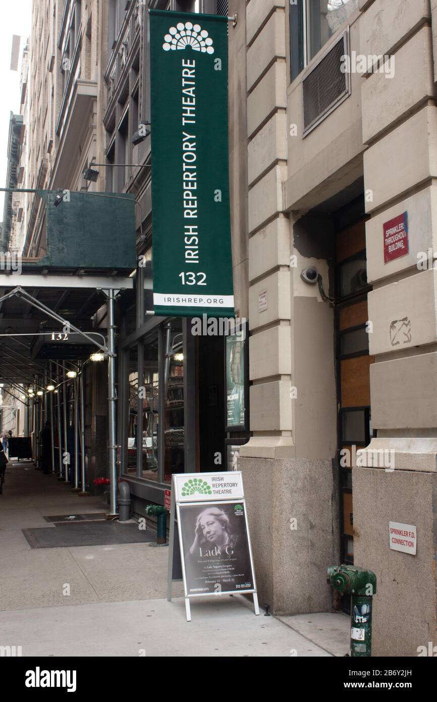 sign at the entrance to the irish repertory theater in chelsea, manhattan which performs theater works about the irish american experience and culture Stock Photo