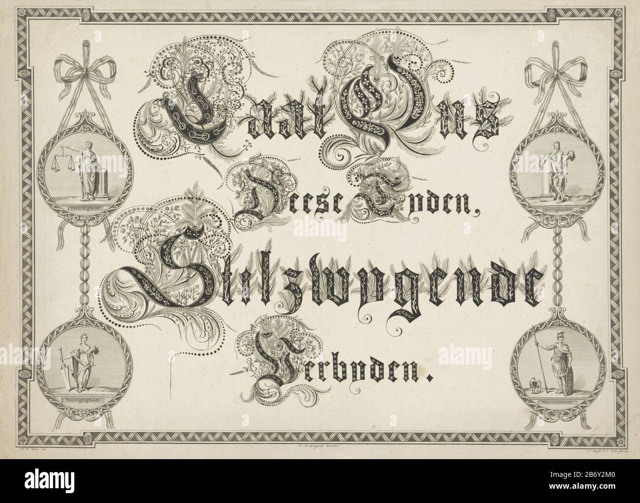 Kalligrafie op de afwachtende houding van de Patriotten, 1791 Laat Ons Deese Tyden, Stilzwygende Verbyden (titel op object) Crafts on the wait-Patriots attitude in 1791. Inscriptions in calligraphy with four medallions with personifications of Justice, Prudence, silence and Vigilance (with keeshond) . Manufacturer : printmaker Cornelis van Baarsel ( listed on object) printmaker Jan Lucas van der Beek (listed property) designed by HW Valiant (listed building) Publisher: Dirk Meland Langeveld (listed property) Place manufacture: printmaker: Northern Netherlands Print Maker: Northern Netherlands Stock Photo