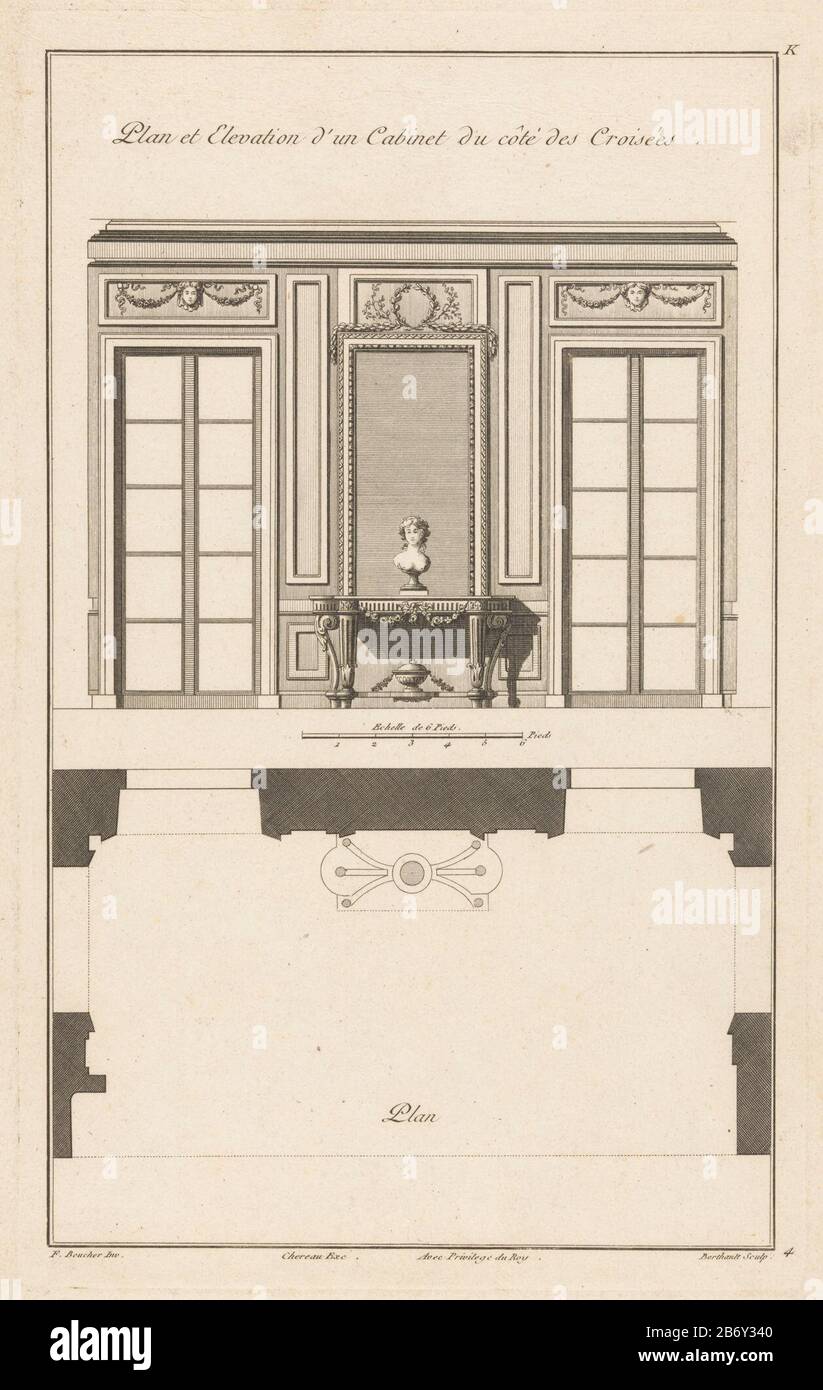 Design and layout of a room with two windows on either side of a table with a vrouwenbuste. Manufacturer : printmaker: Pierre Gabriel Berthault (listed building), designed by: Juste Nathan François Boucher (listed building) editor: Jacques-François Chéreau (listed property) provider of privilege: French crown (listed property) Place manufacture: Paris Date: 1752 - 1794 Physical features: etching and engra material: paper Technique: etching / engra (printing process) Measurements: plate edge: h 363 mm × W 223 mm Subject: communal roomswindowt printable chest, bust - AA - female human figure Stock Photo