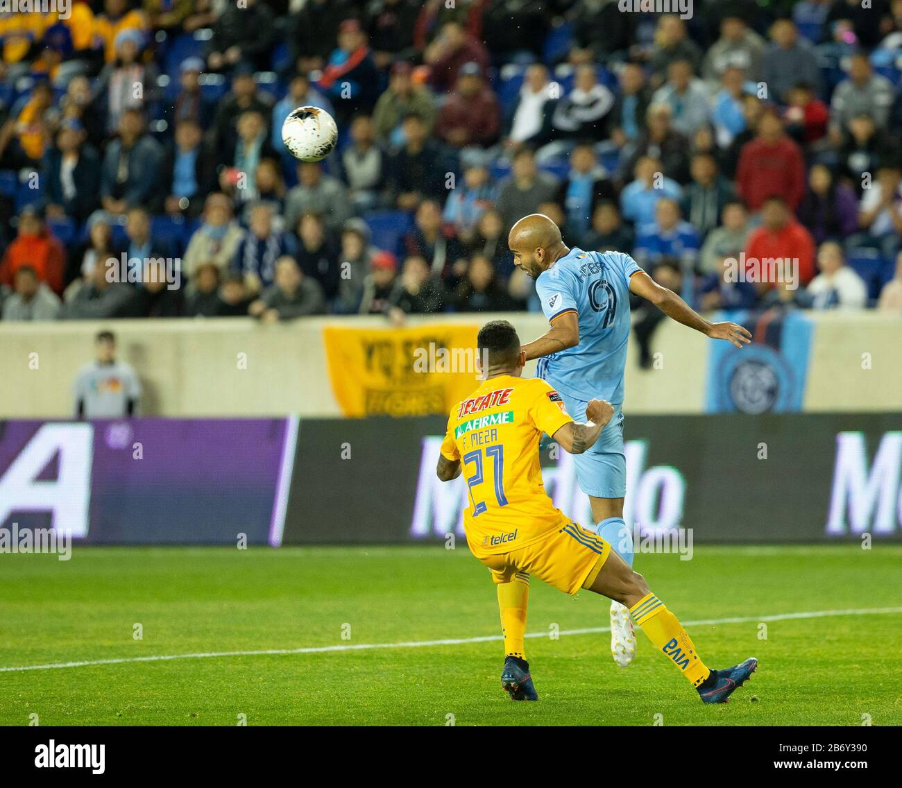 Harrison United States 11th Mar 2020 Francisco Meza 21 Of Tigres Uanl Heber 9 Of Nycfc Fight For Ball During Concacaf Champions League Quarterfinal At Red Bull Arena In Harrison Nj
