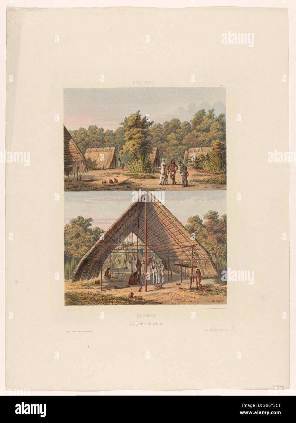 Kamp van Arowakken Suriname Een Arowakka indianenkamp (titel op object) Two faces on a camp of the Surinamese Amerindian Arawaks. Part of the bodywork 'visions of Holland's West Indien'. Manufacturer : printmaker: Esquire Jacob Eduard van Heemskerck van Beest (listed property) to drawing: Gerard Voorduin (listed building) printer: Steendrukkerij Industry (listed building) editor: Frans Buffa en Zonen (listed property) Place manufacture: printmaker: Netherlands Publisher: Utrecht Publisher: Amsterdam Date: 1860 - 1862 Physical characteristics: color lithograph, hand-colored and painted material Stock Photo
