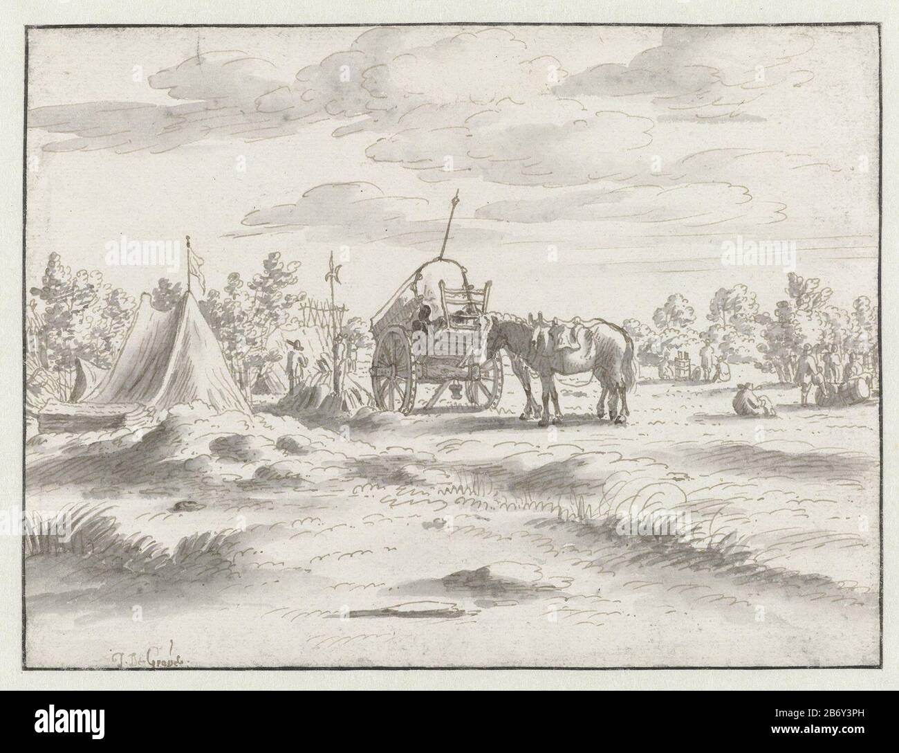 Kampement van het leger van Willem III bij Leuven, 1675 Encampment of the army of William III of Leuven, 1675. Horse and carriage in tents . Manufacturer :  draftsman: Joshua the Grave Place manufacture: Hainaut Date: 1675 Physical characteristics: pen in brown and brush and gray material: paper ink Technique: pen / brush dimensions: sheet: h 140 mm × W 186 mm Subject: (military) camp with tentsGuerre the Holland When: 1675 - 1675 Stock Photo