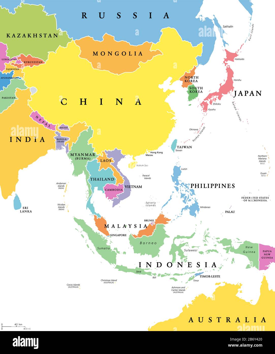 East Asia, single states, political map. All countries in different colors, with national borders, labeled with English country names. Stock Photo