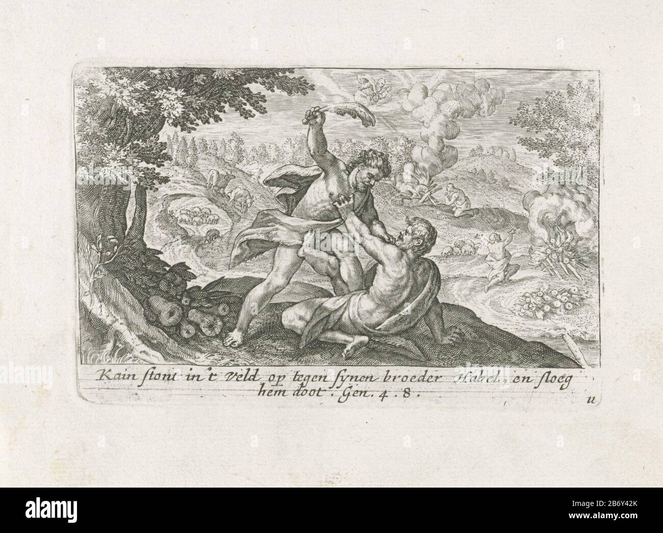 Cain is on about to kill Abel with a donkey jawbone. Right background two altars: the sacrifice of Abel is approved by God (smoke rises) is rejected Cain's sacrifice (the smoke turn down). In the margin a two-line caption in Nederlands. Manufacturer : printmaker: Crispijn of Passe (I) Publisher: Isaac Greve Place manufacture: printmaker: Utrecht Publisher: Amsterdam Date: 1700 - 1750 Physical features: car material: paper Technique: engra (printing process) Dimensions: plate edge : h 82 mm × W 127 mmToelichtingPrent also used in: Genesis Liber / Het Genesis, third edition. Amsterdam: Y. Greve. Stock Photo