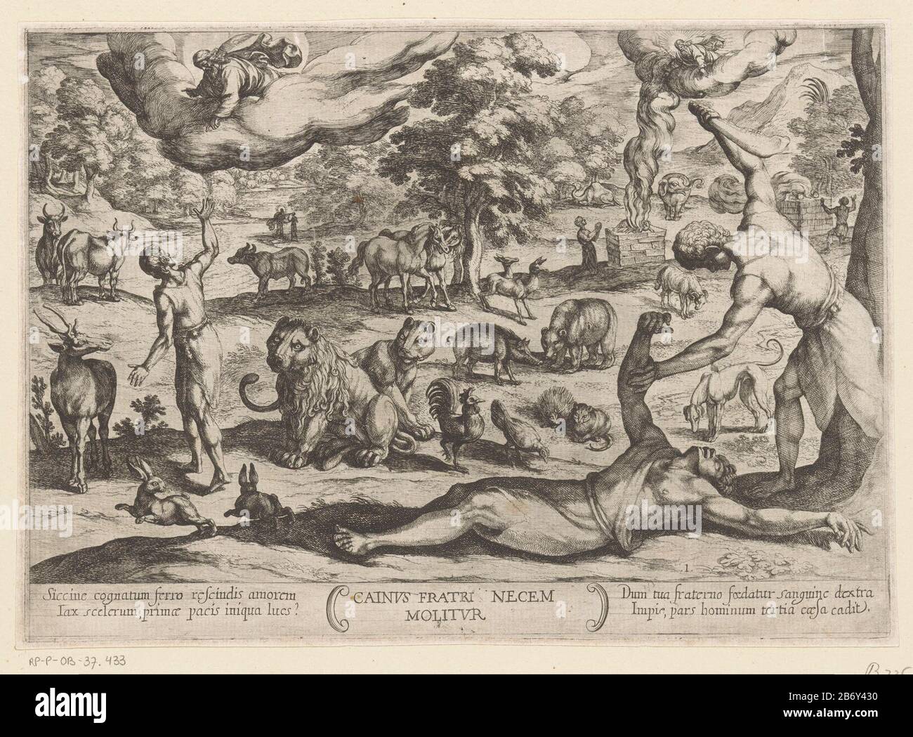 Cain kills his brother Abel with a jawbone of a donkey in a landscape