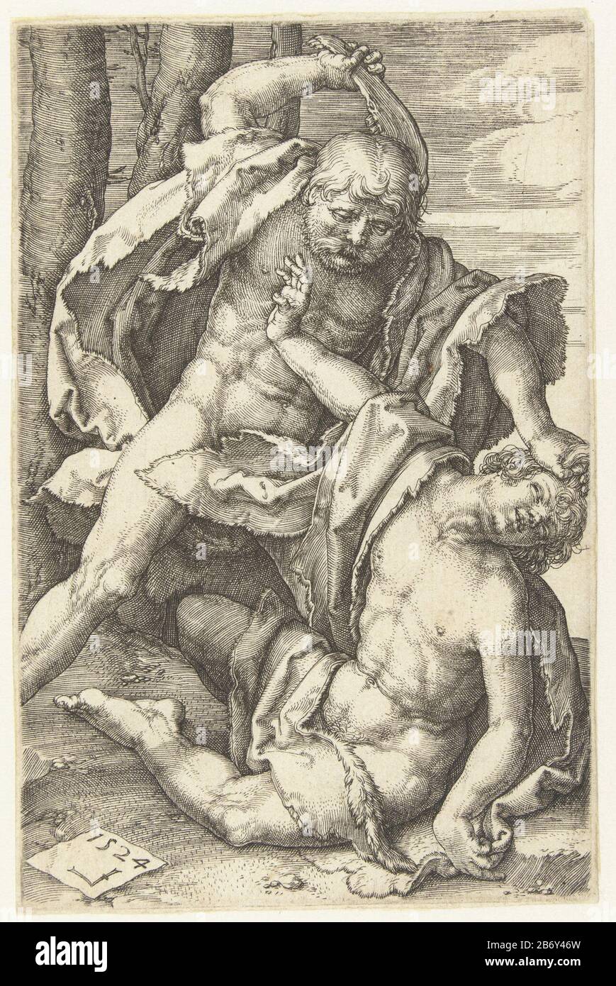 Cain with raised piece of bone, drawing head of sitting Abel to hair to achter. Manufacturer  : printmaker: Lucas van Leyden (listed building) in its design: Lucas van Leyden Place manufacture: Netherlands Date: 1524 Physical features: car material: paper Technique: engra (printing process) Dimensions: sheet: h 118 mm × W 77 mm Subject: the killing or Abel: Cain slays him with a stone, a club or a jaw-bone, alternatively with a spade or another tool axis weapon Stock Photo