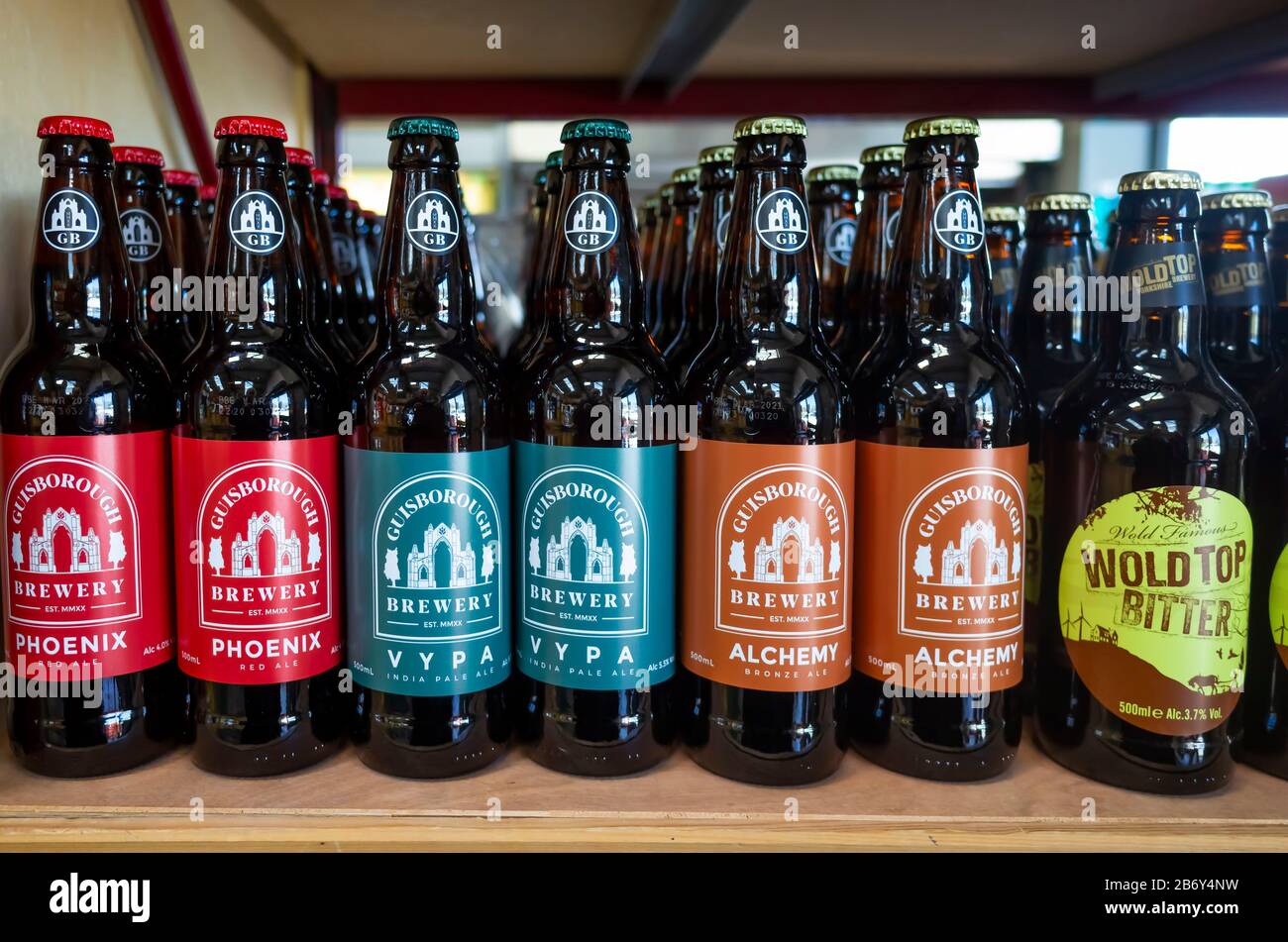 Farm shop display of craft  bottled beers from local Yorkshire brewereies Stock Photo