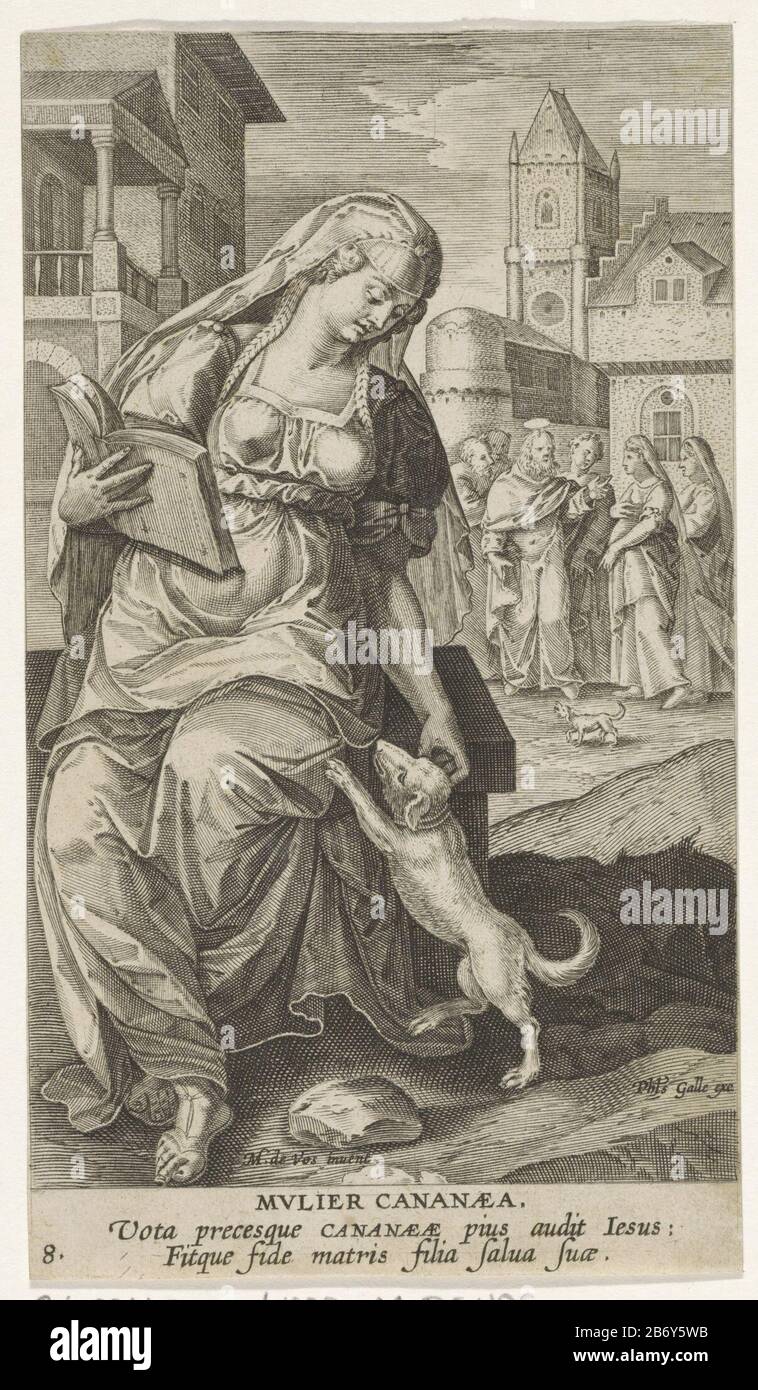In the foreground, the Canaanite woman. In the background she is talking to Christ. Besides the woman a dog as a reference to the parable that Christ told the woman. The print has a Latin caption and is part of a picture series with famous women from the New Testament. Manufacturer : printmaker: Adriaen Collaertnaar design: Marten de Vos (listed building) publisher: Philip Galle (listed property) writer Cornelis KiliaanPlaats manufacture: Antwerpen Date: 1595 - 1599 Physical characteristics: engra material: paper Technique: engra (printing process) Measurements: sheet: 155 mm × h b 88 mm Subje Stock Photo