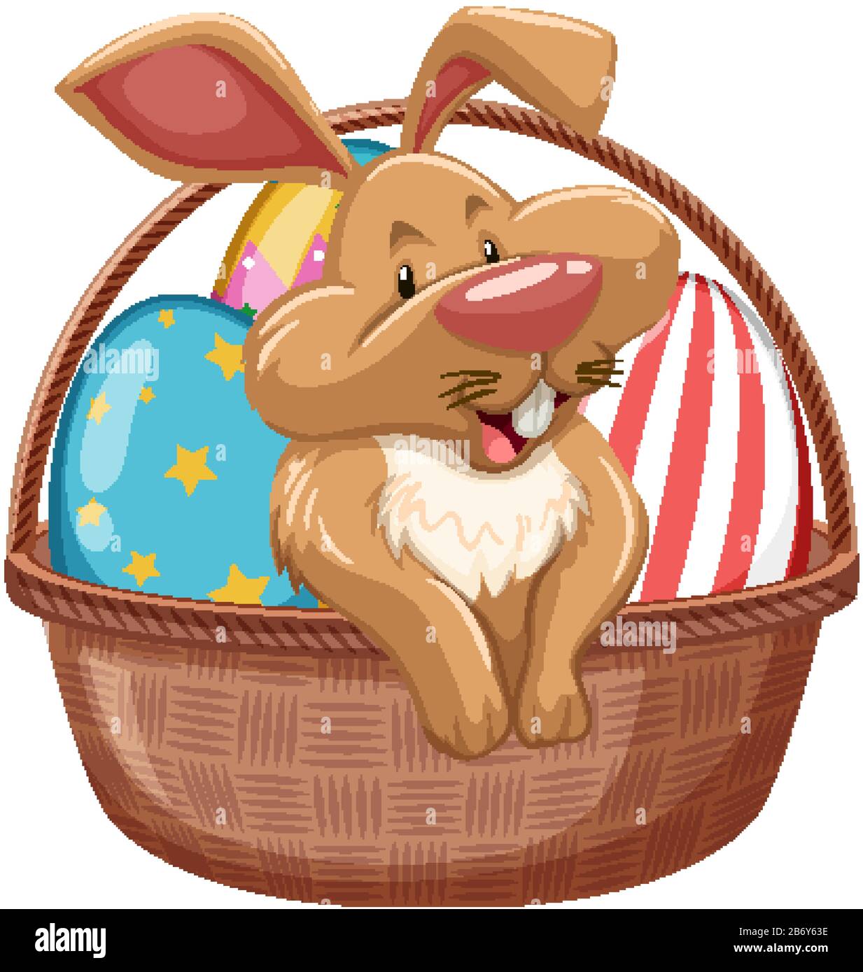 Easter bunny with decorated eggs in brown basket illustration Stock ...