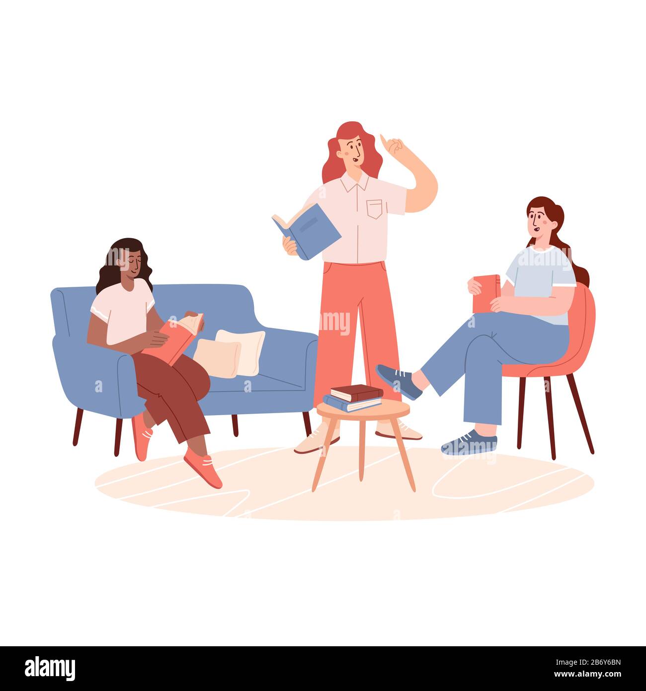 Group of woman sitting on sofa and listening to girl reading book.  Stock Vector