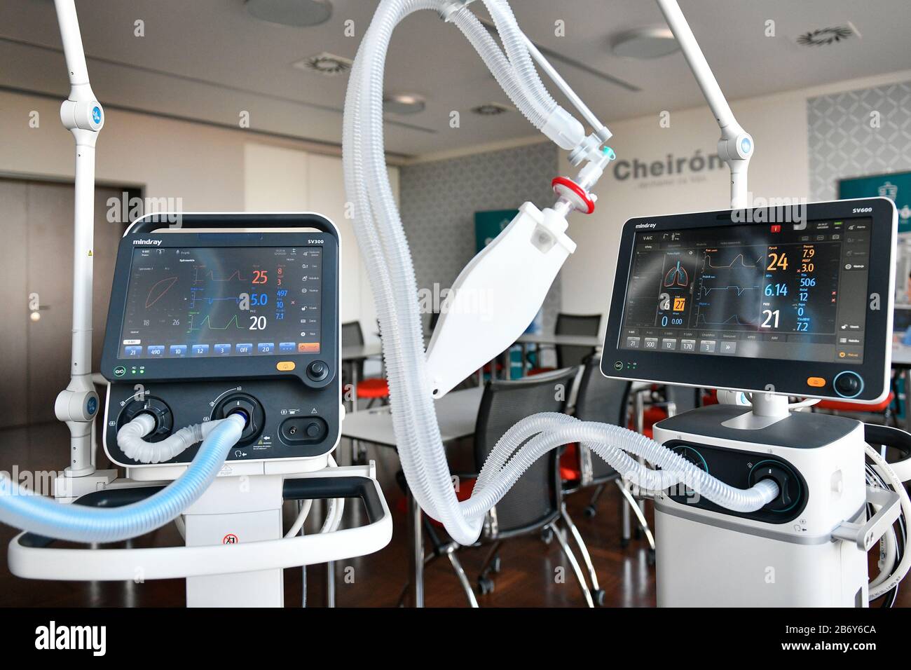Pilsen, Czech Republic. 12th Mar, 2020. CHEIRON company presents a high-end  lung ventilator mindray SV 800 and SV 600 featured wide screen combines  powerful tools and modules in Pilsen, Czech Republic, March
