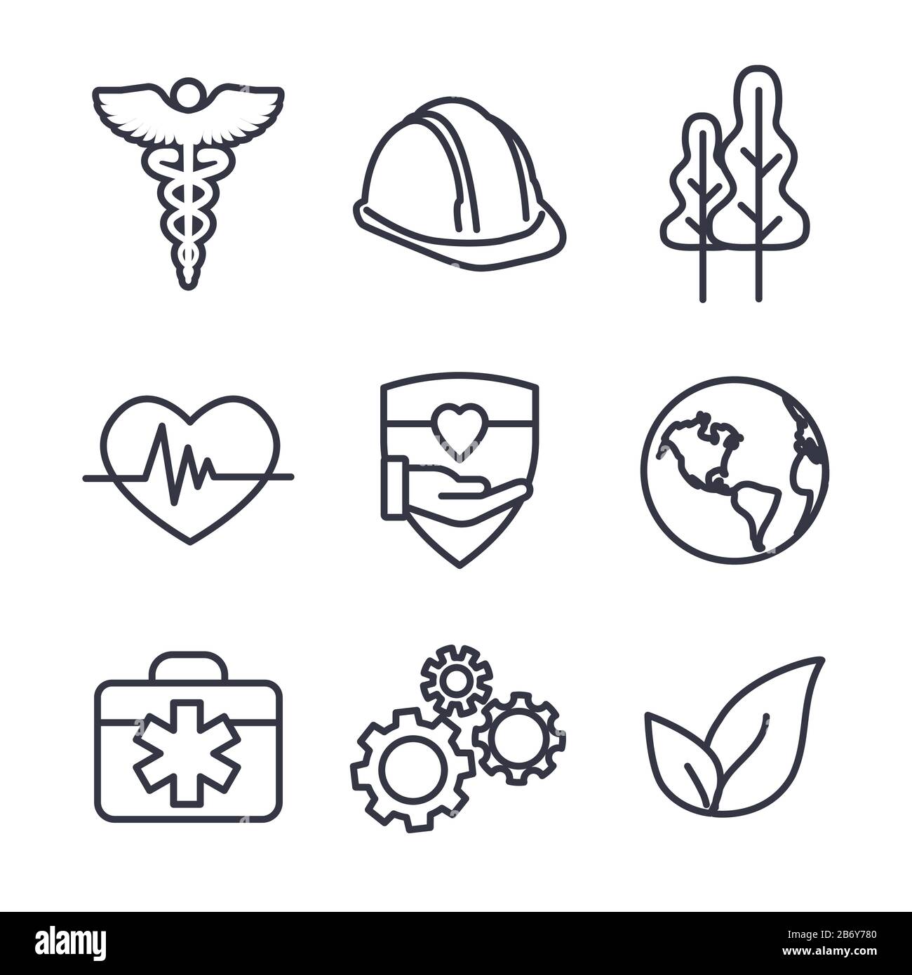 Health Safety & Environment Icon Set with medical, safety, and leaves