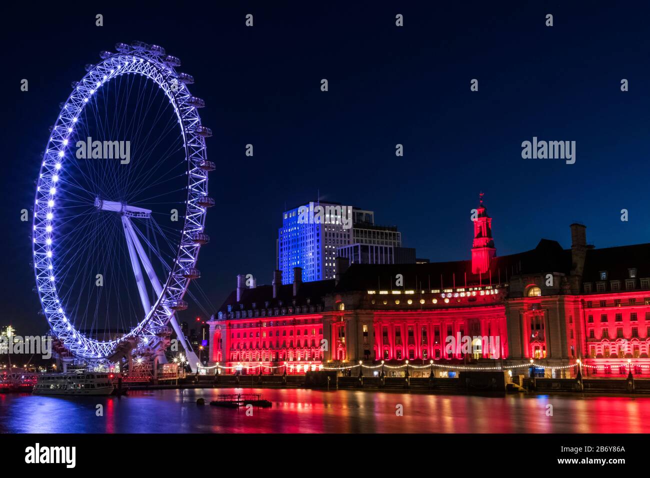 England, London, London Eye and County Hall Building at Night Stock ...