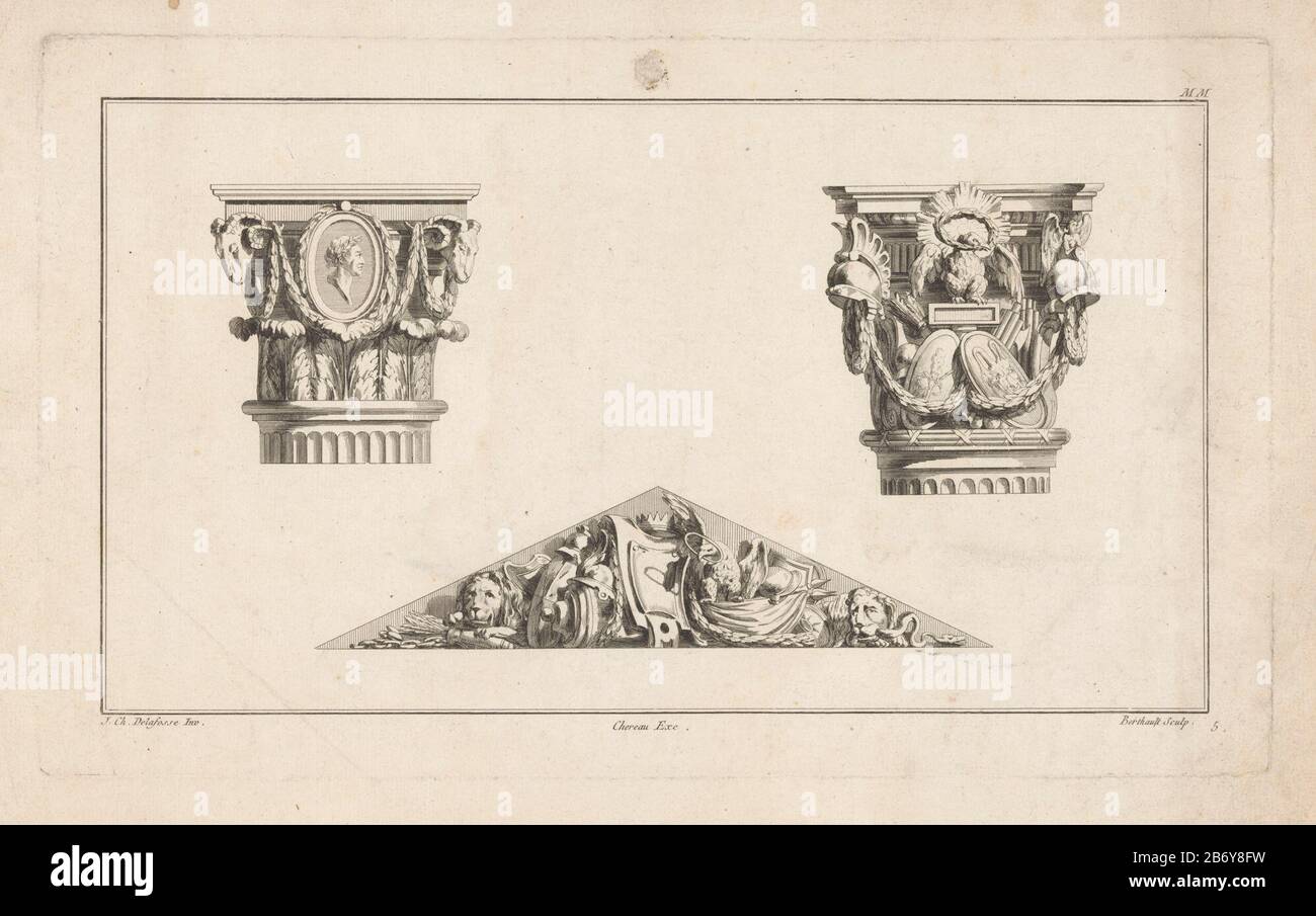 Left a capital with ram's heads and an oval medallion honored with portrait in profile. In the middle a tympanum with a shield, arms, an eagle and lions. Right, a capital with weapons, shields, helmets and an eagle with laurel and stralenkrans. Manufacturer : printmaker: Berthault (listed property) designed by: Jean-Charles Delafosse (listed building) Editor: Jacques-François Chéreau (listed building) place manufacture: Paris Date: 1771 Physical characteristics: etching and engra material: paper Technique: etching / engra (printing process) Measurements: plate edge: h 222 mm × W 372 mm Subject Stock Photo