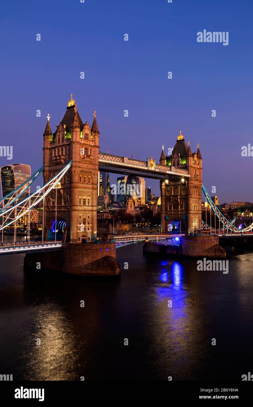 England, London, Tower Bridge at Night and City of London
