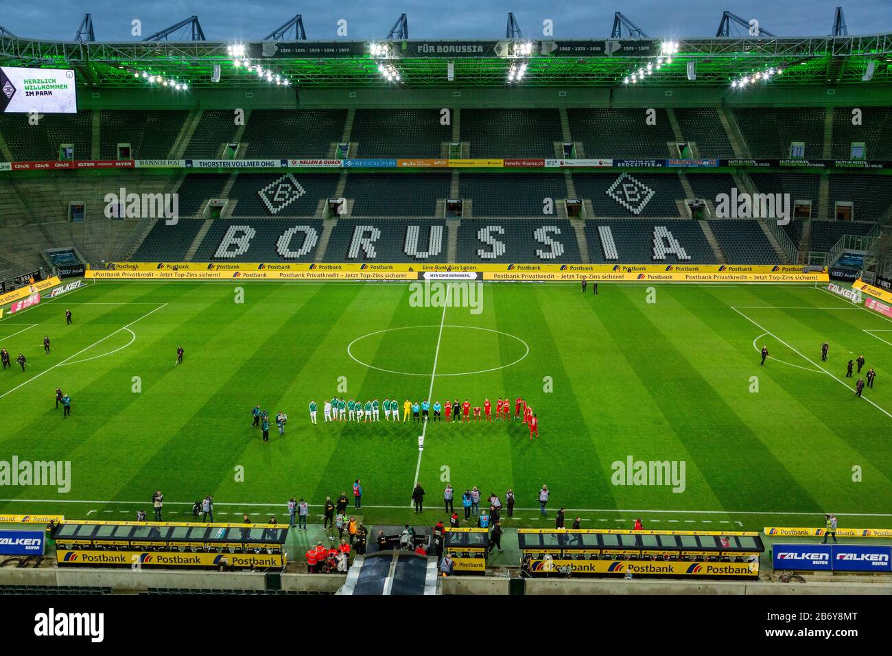 first Bundesliga match behind closed doors due to the coronavirus epidemic, sports, football, 2019/2020, Borussia Moenchengladbach vs. 1. FC Koeln 2-1, Stadium Borussia Park, empty visitor stands Stock Photo