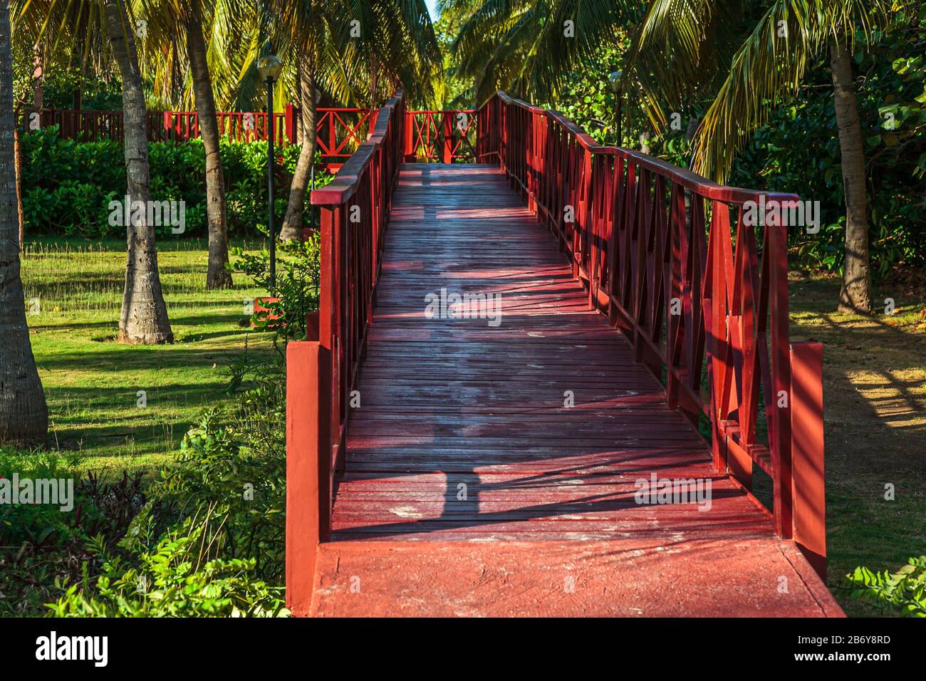 Red wooden walkway bridge through a beautiful park  Stock Photo