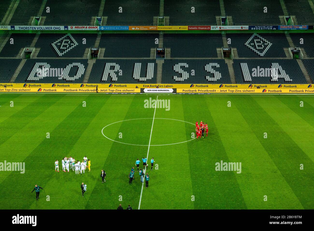 first Bundesliga match behind closed doors due to the coronavirus epidemic, sports, football, 2019/2020, Borussia Moenchengladbach vs. 1. FC Koeln 2-1, Stadium Borussia Park, empty visitor stands Stock Photo