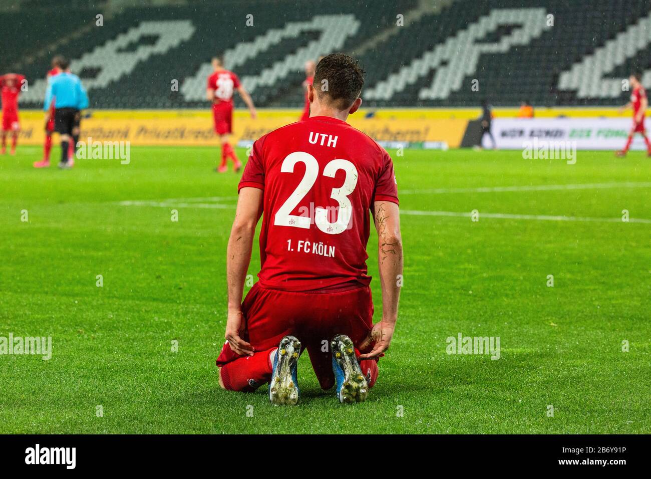 first Bundesliga match behind closed doors due to the coronavirus epidemic, sports, football, 2019/2020, Borussia Moenchengladbach vs. 1. FC Koeln 2-1, Stadium Borussia Park, frustration at the defeat, Mark Alexander Uth (Cologne) Stock Photo