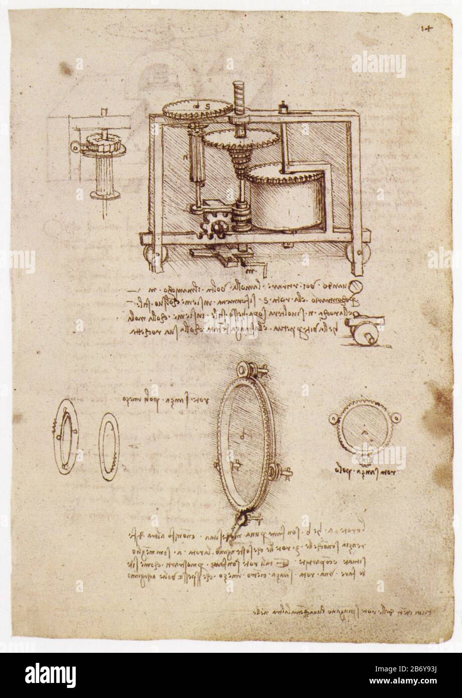 Leonardo da Vinci. Drawings for clockwork mechanism and notes. 1495-1499 Stock Photo