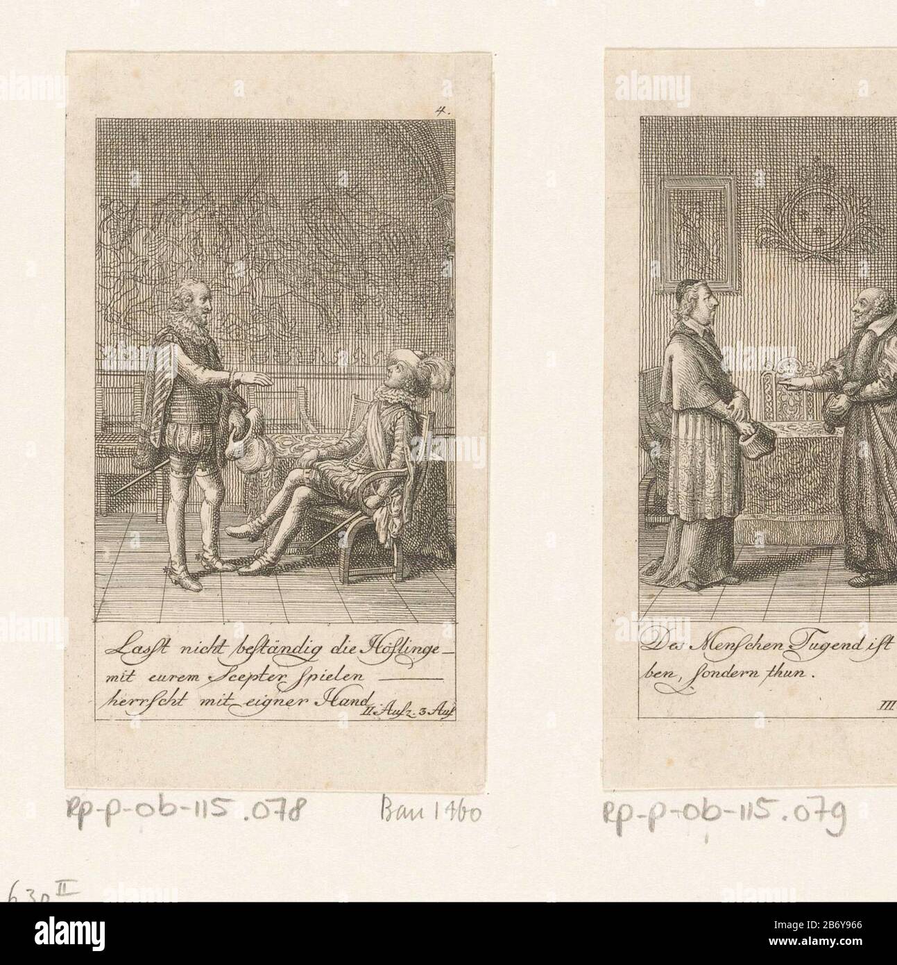 Karel IX in gesprek met Gaspard de Coligny Top Right numbered 4. caption  and page reference in the Duits. Manufacturer : printmaker Daniel Nikolaus  ChodoWie: ckiPlaats manufacture: Berlin Date: 1790 Material: paper