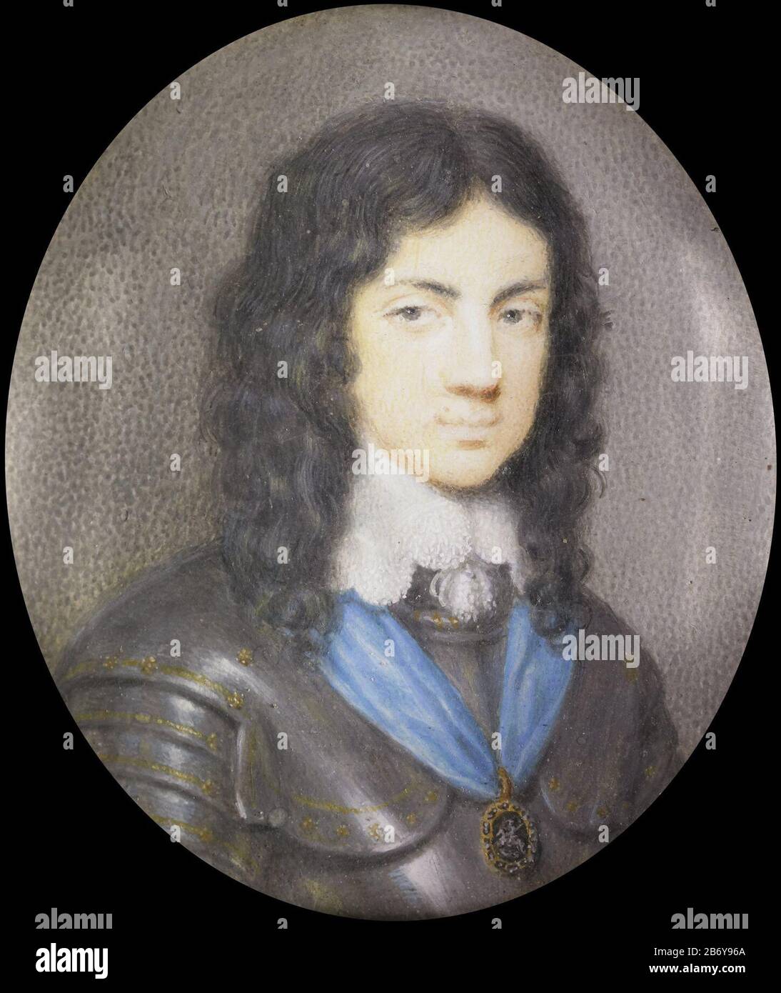 Karel II (1630-85), de latere koning van Engeland, als jongeman, SK-A-4311  Portrait of Charles II (1630-85), who later became king of England, as a young man. Bust, right, in armor. Produced during the exile of Charles in France around 1650. Part of the collection portretminiaturen. Manufacturer : painter: anonymous painter Samuel Cooper (rejected attribution) Place manufacture: France Date: 1645 - 1655 Physical features: miniature on parchment materials: cardboard metal enamel glass Dimensions: carrier: h 5.1 cm. B × 4.3 cm. external dimensions: h 6.2 cm. (Incl. Table and eye) × W 4.5 cm. (I Stock Photo