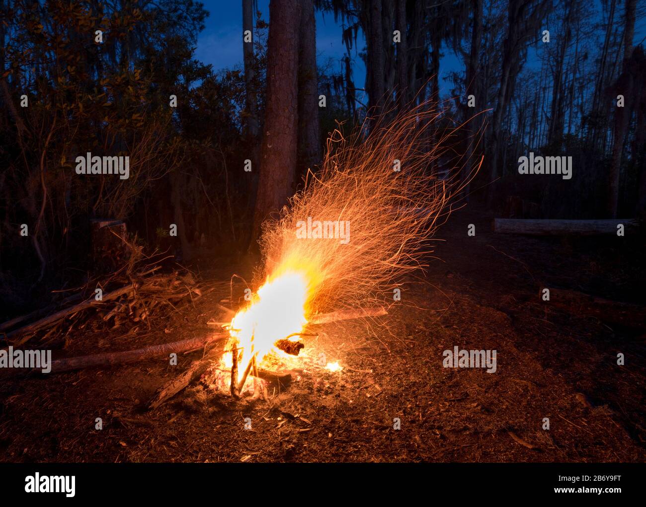 Abandoned campfire shooting sparks at night in the forest Stock Photo ...