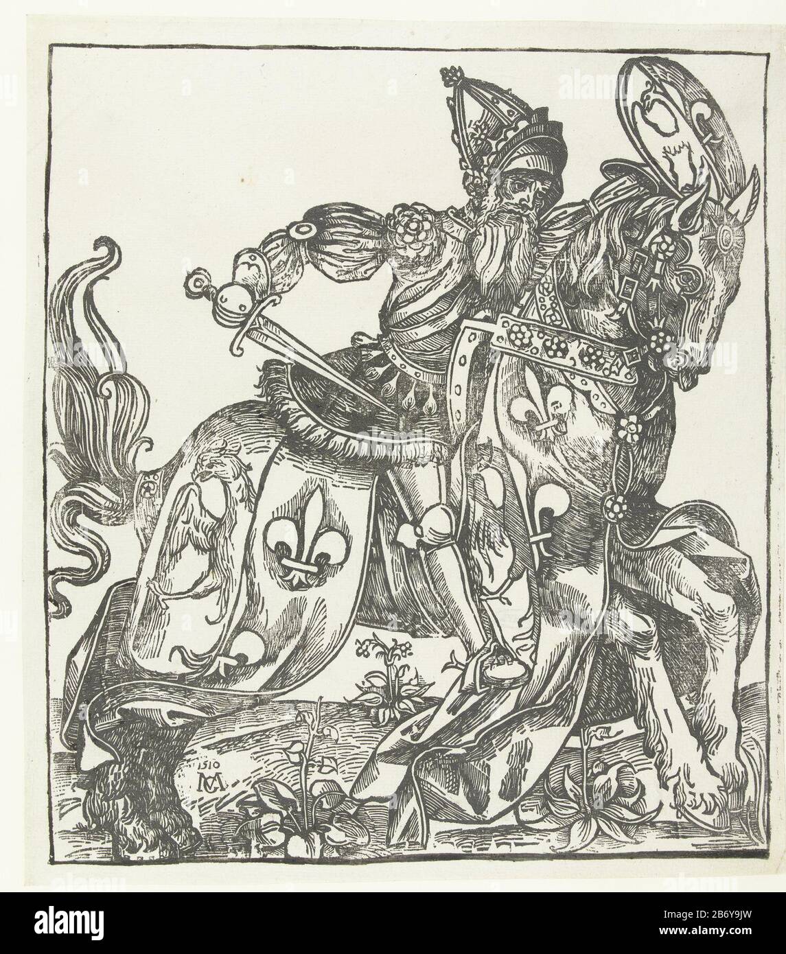 Karel de Grote Negen helden (serietitel) Horseman galloping, the arms of Charlemagne the shield and weapon rug. On the head with a helmet imperial crown. 19th century reprint of a 16th-century blok. Manufacturer : printmaker: anonymous unknown: Monogrammist MG (16th century) (listed building) Place manufacture: Northern Netherlands Dating: from 1500 to 1599 and / or 1870 - 1899 Physical features: woodcut, updated with brush material: paper Technique: woodcut dimensions: image: h 295 mm × W 263 mm Subject: Charlemagne (one of the nine worthies) Who: Charlemagne (emperor of the Holy Roman Empire Stock Photo