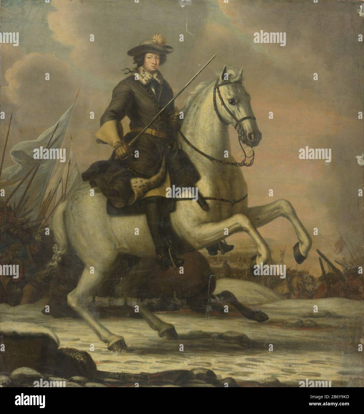 Karel XI (1665-97), koning van Zweden, SK-A-1234 Portrait of Charles XI,  King of Sweden. Seated on a prancing white horse, with drawn sword. In the  background the battle of Lund, December 4th