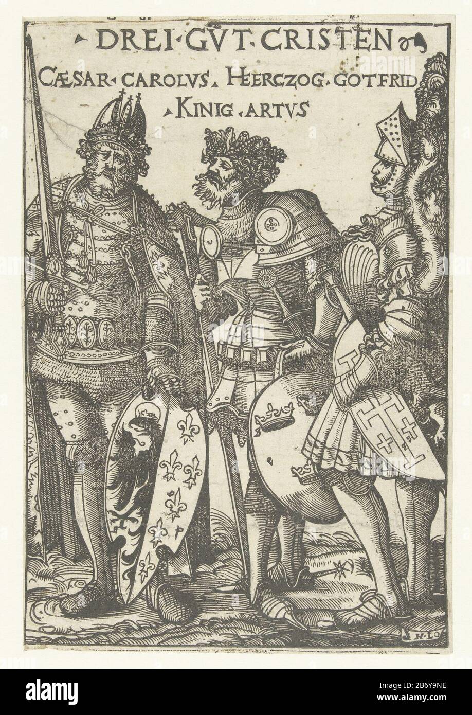 Karel de Grote, Godfried IV van Bouillon en Koning Arthur als drie christelijke helden Drei Gvt Cristen (titel op object) Helden en Heldinnen (serietitel) Charlemagne, Godfrey IV of Bouillon and King Arthur dressed in armor with their personal weapons on the arms they hold. They are presented in this series as the three Christian heroes as demonstrated by the German text on the card and the names of the three men: Caesar Carolvs Heerczog Gotfrid Kinig Artvs. Manufacturer : to print by Hans Burgkmair (I) printmaker: Monogrammist HL (16th century) Date: 1516 - 1581 Physical characteristics: wood Stock Photo