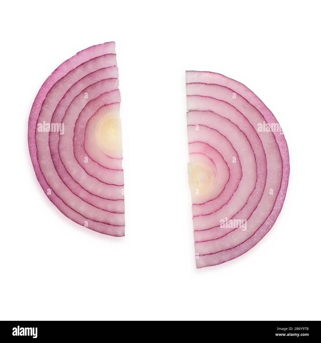 Two half moon slices of red onion on white background Stock Photo Alamy
