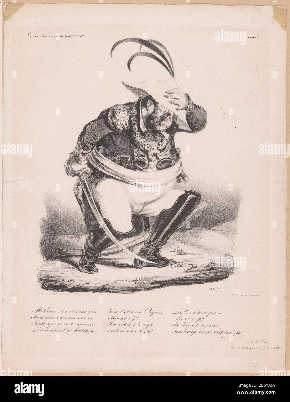 Karikatuur van koning Lodewijk Filips I van Frankrijk in de oorlog tegen Spanje Malbroug s'en va-t-en guerre () (titel op object) caricature of King Louis-Philippe of France in the war against SpanjeMalbroug s'en va-t-en guerre (...) (title object) Property Type: cartoon picture Item number: RP-P-1944 -3181Catalogusreferentie: IFF après 1800 77Delteil (Daumier) 106-2 Marking / Brands (?): annotation, recto handwritten "coll. R. Teves. Vente Graupe 17 X '32 no 57' collector's mark , verso, stamped:. Lugt 2228a Manufacturer : printmaker: Honoré Daumier Publisher: Nicolas Louis Delaunois (listed Stock Photo