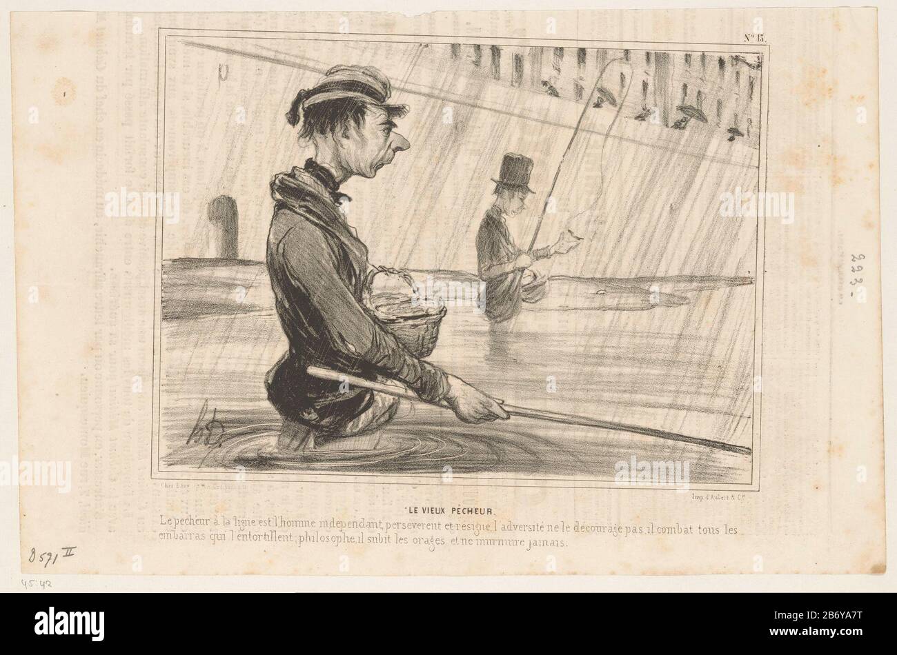 Caricature of two fishermen regenLe Vieux Pecheur (title object) Parisian types (series title) Types Parisiens (series title) Property Type: cartoon Serial number: 13 / 50Objectnummer: RP-P-1945-42Catalogusreferentie: Delteil ( Daumier) 571-2 () Marking / Brands: collector's mark, verso, stamped: Lugt 2228a Manufacturer : printmaker: Honoré Daumier (listed building) printer: Aubert & Cie (listed building) editor:. Bauger (listed property) Place Manufacture: Paris Date: 1841 Material: paper technique: lithography (technique) Dimensions: sheet: h 237 mm × W 363 mmToelichtingPrent used for Le Fig Stock Photo