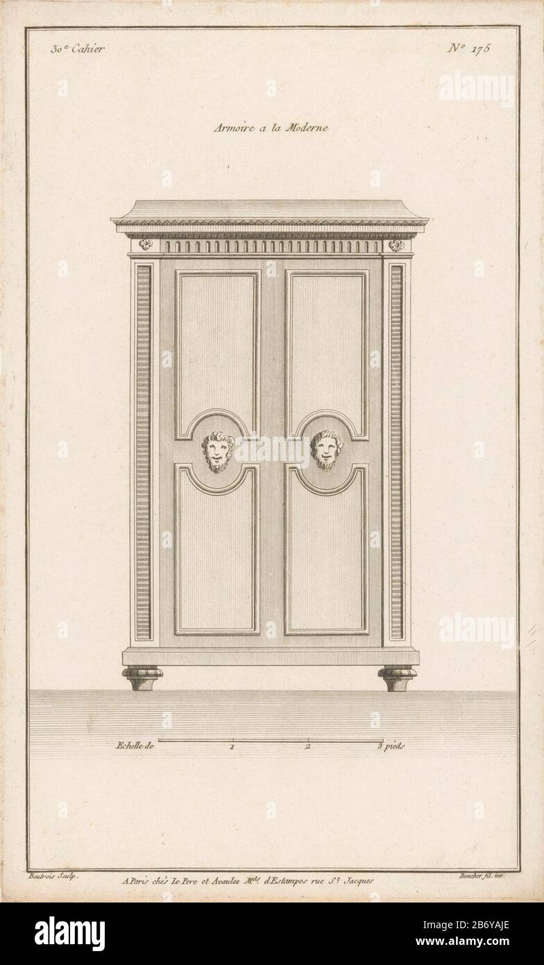 Kast met maskers Armoire a la Moderne (titel op object) Kasten (serietitel) 30e Cahier (serietitel op object) A box decorated with male faces. Print Nummer 175. Manufacturer : printmaker Philibert Boutrois (listed property) designed by: Juste Nathan François Boucher (listed building) Publisher: Charles Le Père & Pierre-Michel Avaulez (listed property) Place manufacture: Paris Date: 1772 - 1779 Physical characteristics: etching and engra material: paper Technique: etching / engra (printing process) Measurements: plate edge: h 331 mm × W 200 mmToelichtingPrent one of a series of zes. Subject: fu Stock Photo
