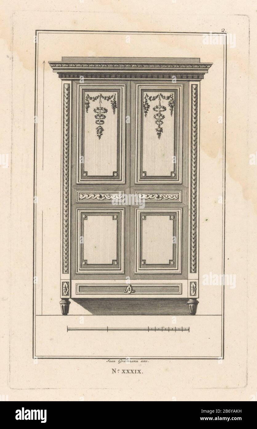 Kast met panelen Meubelen (serietitel) design for a cupboard ornamented  with four panels. On the upper two panels wreaths and floral designs.  Publisher number XXXIX. Manufacturer : printmaker: Johann Thomas Hauer  (possible)