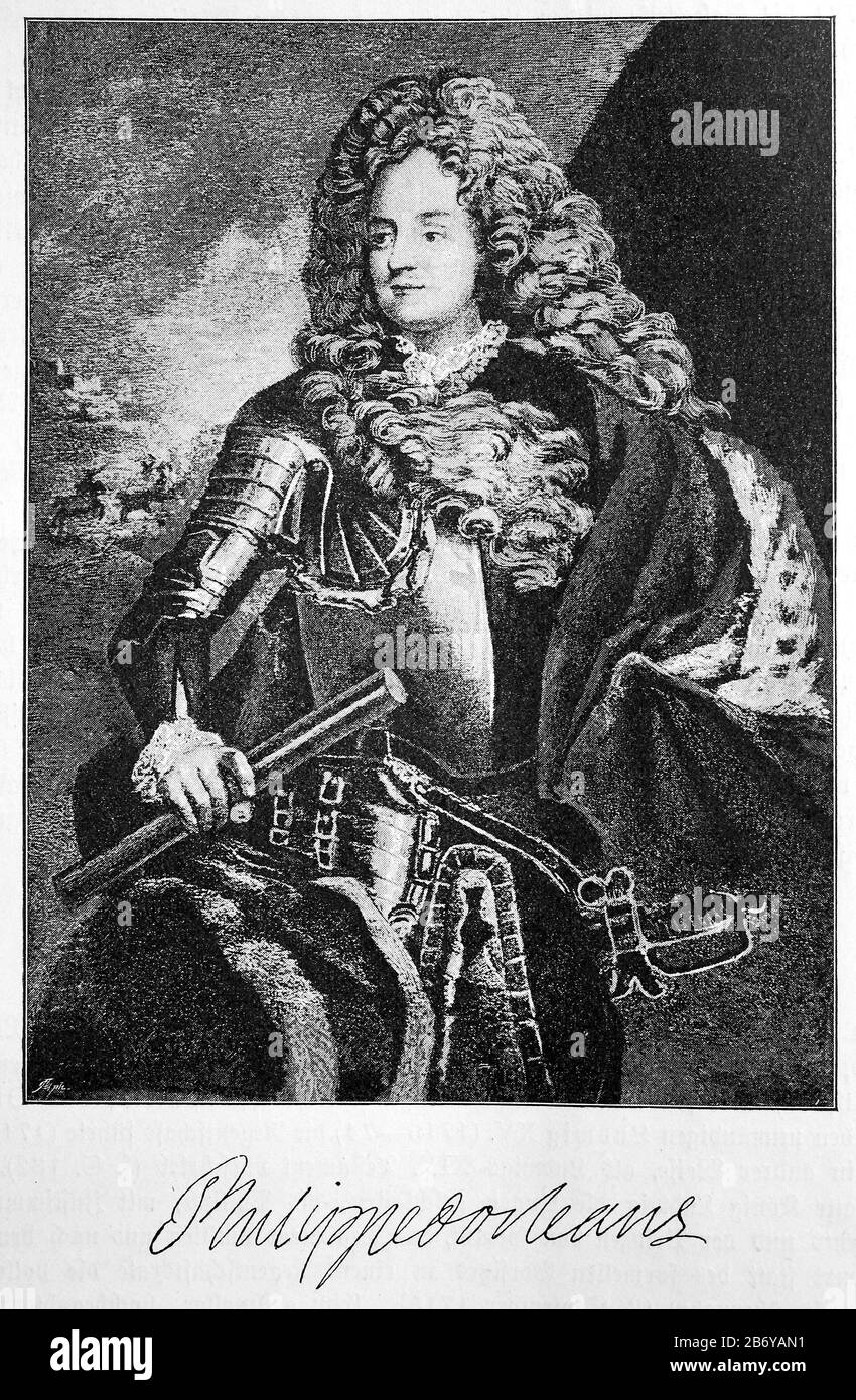 Philippe II de Bourbon, duc d’Orléans, August 2, 1674-2. December 1723, also called Philippe II. D'Orléans for short, was titular duke of Chartres (1674-1701) and after the death of his father in 1701 duke of Orléans, Valois, Nemours and Montpensier, prince of Joinville, count of Beaujolais and multiple pair from France  /  Philippe II. de Bourbon, duc d’Orléans, 2. August 1674-2. Dezember 1723, kurz auch nur Philippe II. d’Orléans genannt, war Titularherzog von Chartres (1674–1701) und nach dem Tod seines Vaters 1701 Herzog von Orléans, Valois, Nemours und Montpensier, Fürst von Joinville, Gr Stock Photo