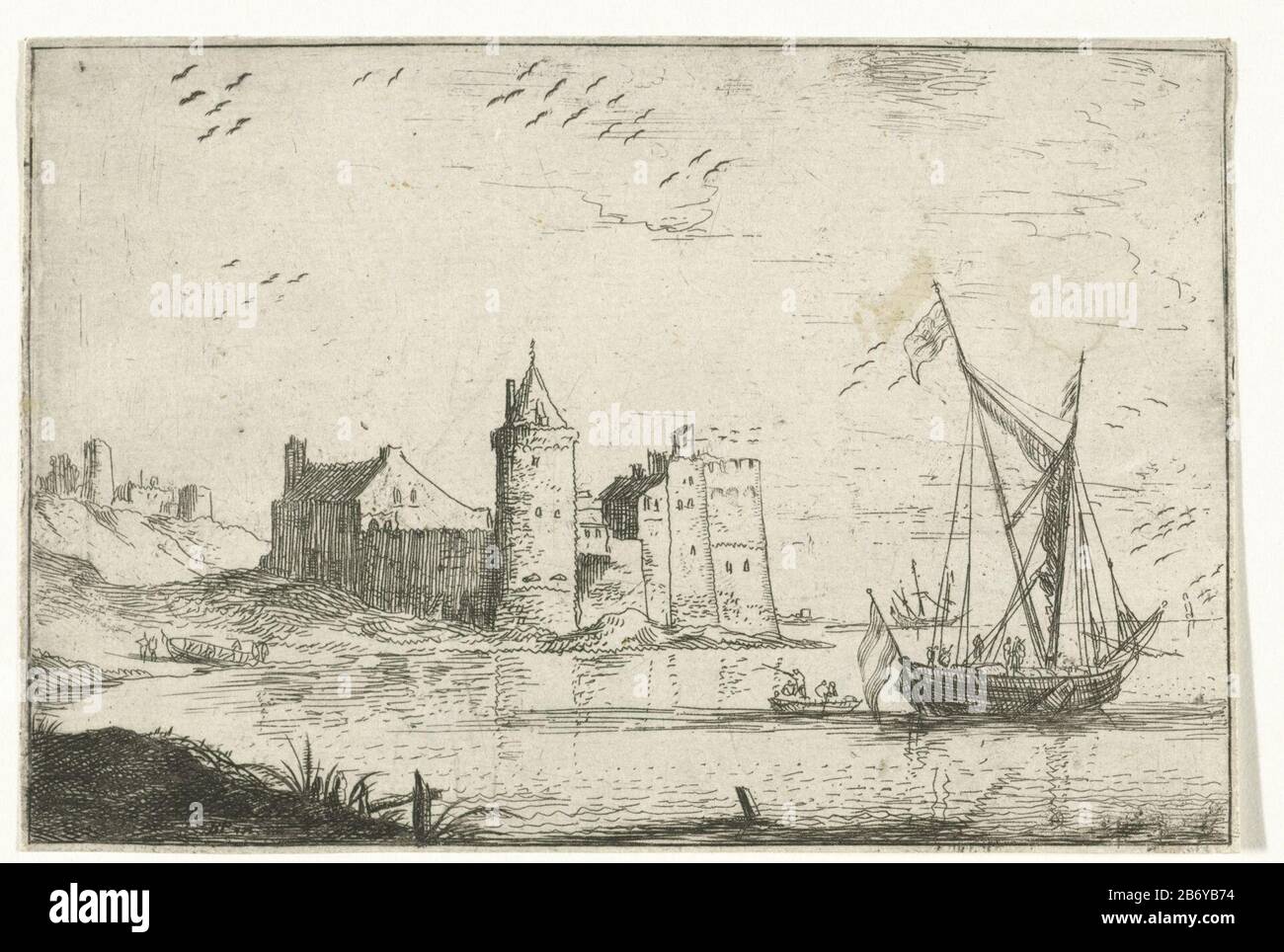 Kasteel aan de kust Castle on the coast object type: picture Item number: RP-P-1888-A-12798Catalogusreferentie: Hollstein Dutch 6-2 (2) Markings / Brands: collector's mark, verso lower left, stamped: Lugt 2228 Manufacturer : printmaker: Bonaventura Peeters (I) in its design: Bonaventura Peeters (I) (shown on object) Place manufacture: Antwerpen Date: 1624 - 1652 Physical characteristics: etching and engra material: paper Technique: etching / engra (printing process) Measurements: sheet: h 84 mm × b mm Subject 126: castlesea (seascape) (+ landscape with figures, staffage) Stock Photo
