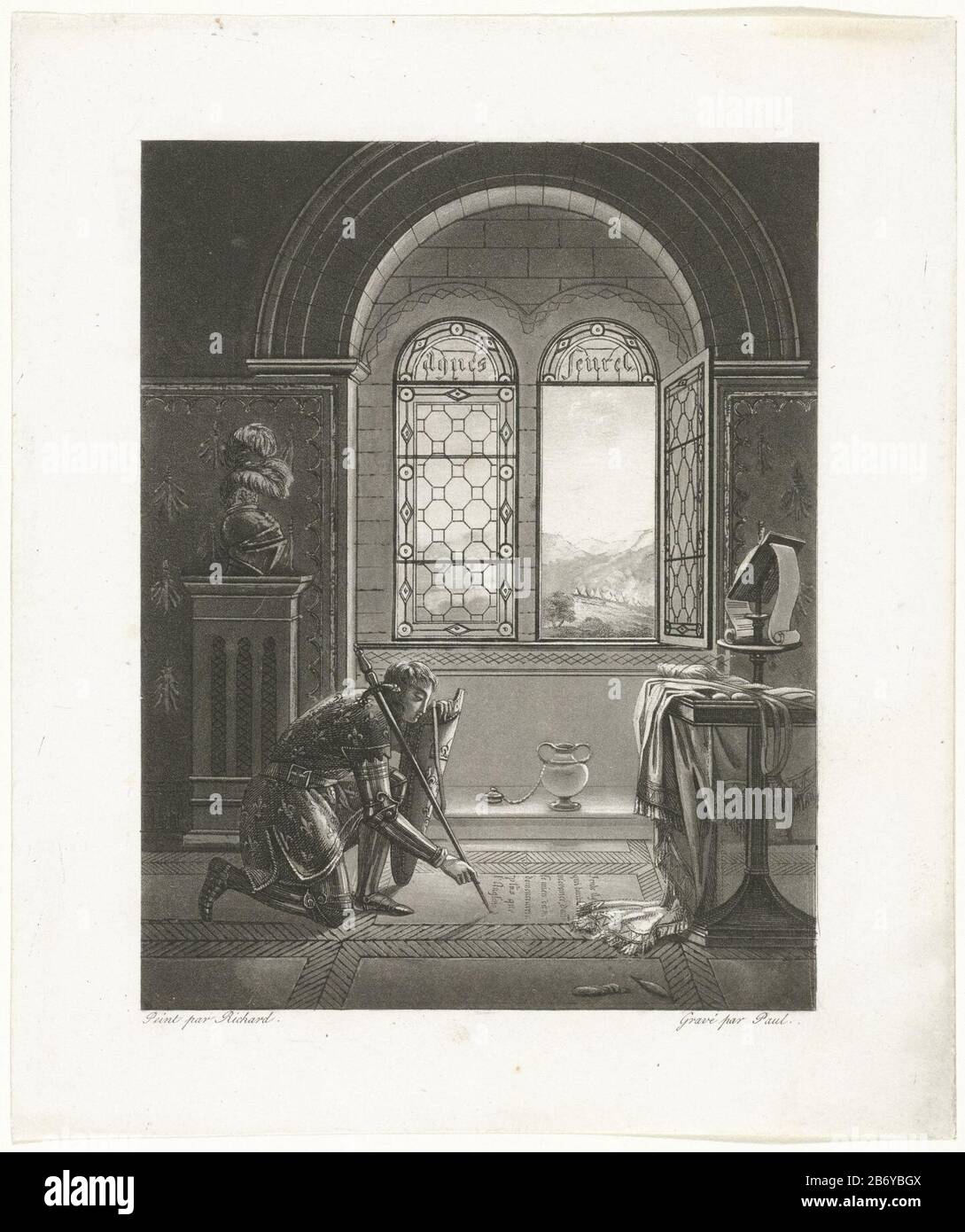 Kasteelvertrek met Jeanne d'Arc Castle out with Joan of Arc in armor. She scratched her lance French text of the English in the stone floor. The stained-glass window, the name of Agnès Sorel (Agnes Seurel), the mistress of Charles VII of Frankrijk. Manufacturer : printmaker Paul (engraver) (listed building) to painting: Richard (listed property) Place Manufacture: France Date: 1750 - 1850 Physical characteristics: etching and aquatint material: paper Technique: etching / aquatint dimensions: sheet: 169 mm × h 144 b mm Subject: Joan of Arc (Jeanne d'Arc); possible attributes: armor, banner, lan Stock Photo