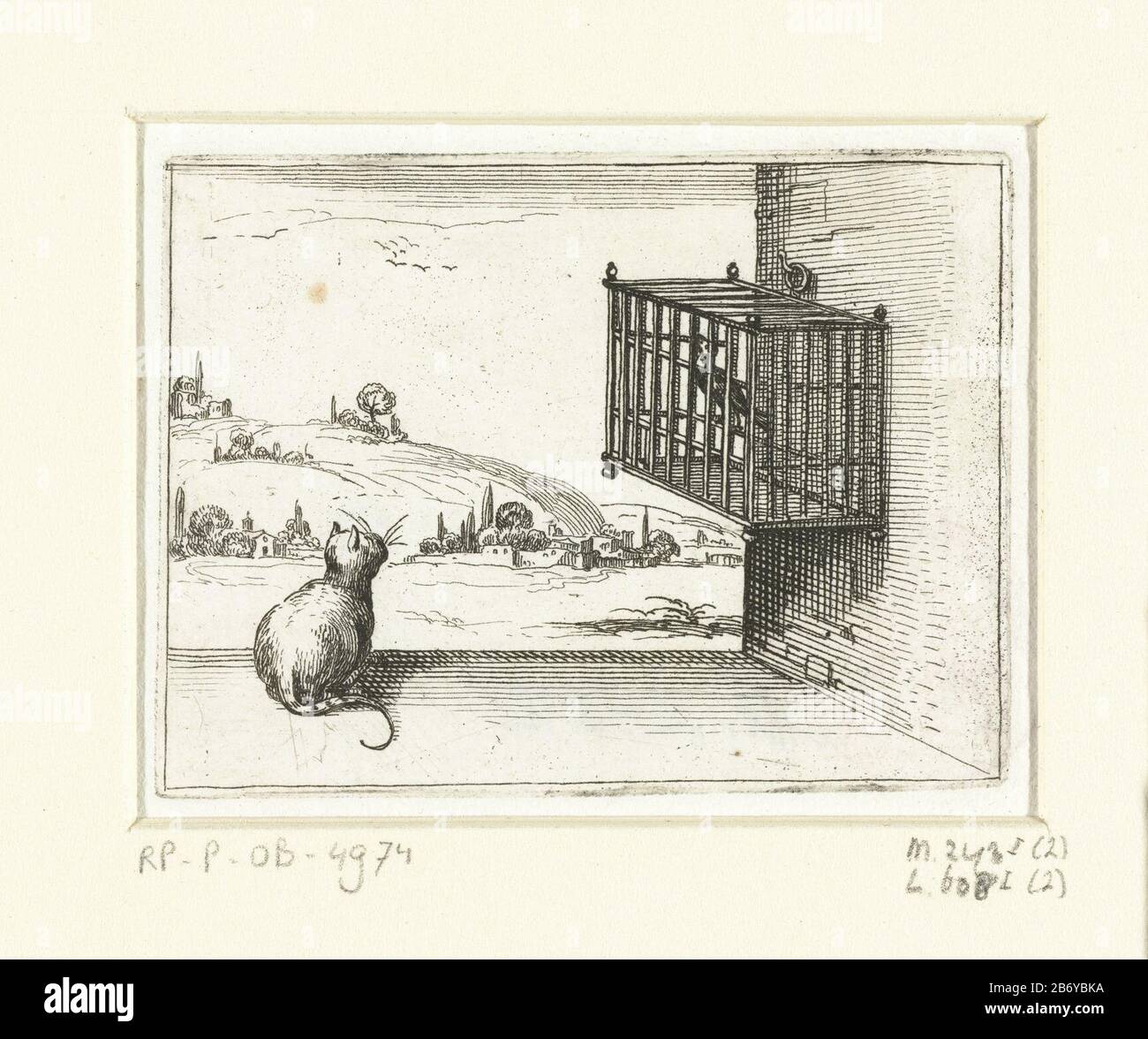 Kat en gekooide vogel Kloosterleven in emblemen (serietitel) Presentation of a cat lurks a bird in a cage. This chapter is part of the series logo 'Abbey Life emblems. The second state of this series includes alongside an illustrated title page and 26 emblems have a title page and a sheet assignment, both in printing without afbeelding. Manufacturer : printmaker Jacques Callotnaar own design: Jacques CallotPlaats manufacture: Nancy Date: 1621 - 1635 Physical features: etching material: paper Technique: etching dimensions: plate edge: h 61 mm × 82 b mm Subject: catbird in a cage Stock Photo