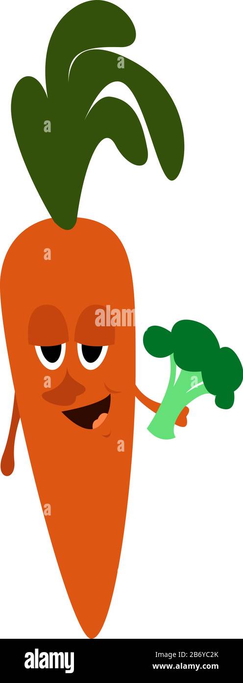 Carrot with broccoli, illustration, vector on white background. Stock Vector