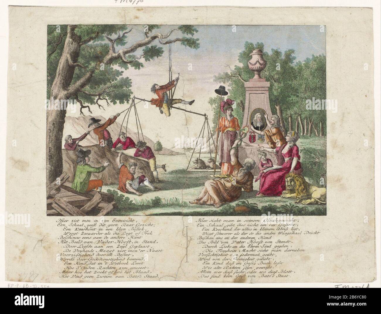 Keeshond en Oranjeklanten op de weegschaal, 1787 Allegory Where: in a small  keeshond (patriots) and Orange Customers are weighed on scales a tree. The  keeshond does the scale tip in spite of