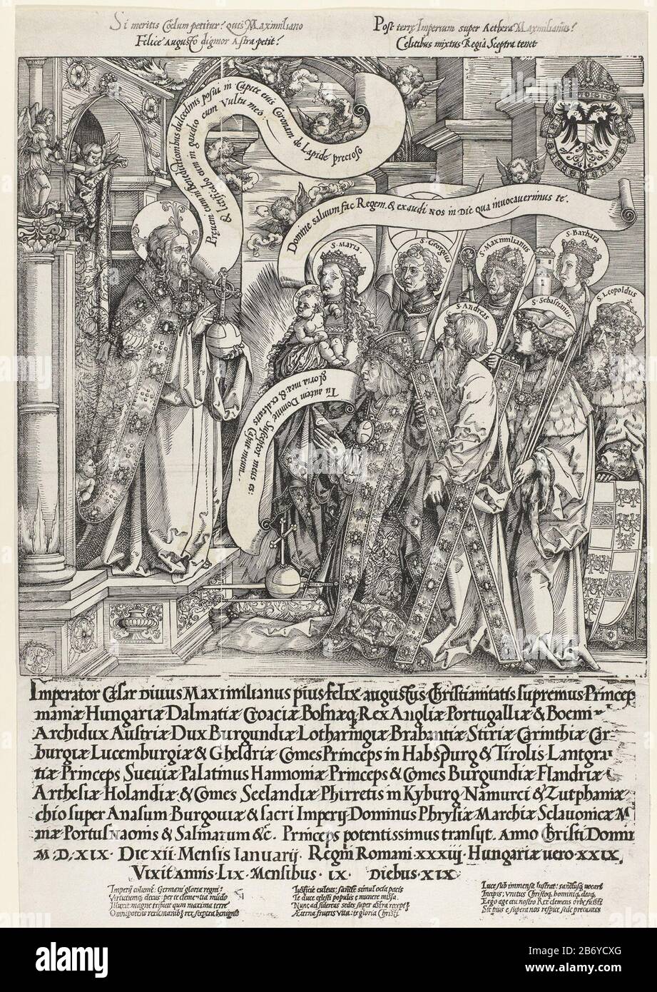 Keizer Maximiliaan I knielt voor Christus Emperor Maximilian I kneel before  Christ surrounded by Saint George, Maximilian, Barbara, Leopold, Sebastian,  Andrew and Mary with the Christ child. Within the presentation texts in