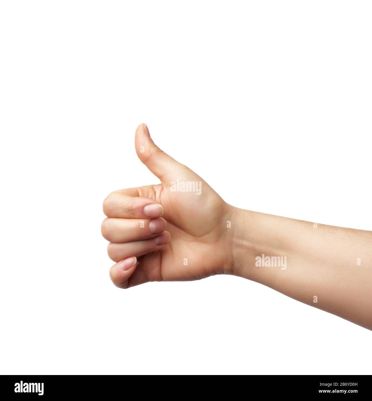 female hand shows right-handed gesture like on a white isolated background, concept of recommendation and approval Stock Photo