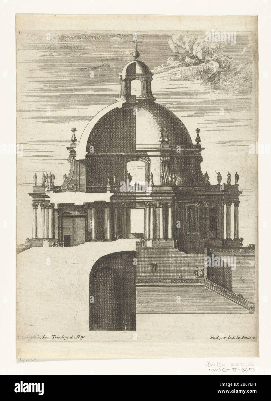 Kerk met ronde koepel Kerkportieken (serietitel) The church has four porches, each with double Corinthian columns; the left a cross-section with the crypt, the right, the rising of the gevel. Manufacturer : print maker: Jean Lepautre (indicated on object), at its design: Jean Lepautreuitgever: Nicolas Langlois (I) (shown on object) provider of privilege: Louis XIV ( king of France) (listed building) Place manufacture: printmaker: France (possible) in its design: France (possible) publisher: Paris Date: ca. 1670 - ca. 1680 Material: paper Technique: etching dimensions: plate edge: h 246 mm × b Stock Photo