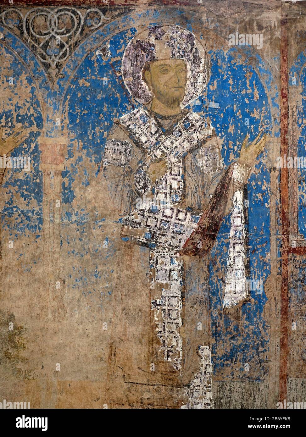 Fresco of Georgian King George III. of the Bagrationi dynasty, North wand of Saint Nicholas church, Kintsvisi Monastery, Shida Kartli region, Georgia Stock Photo